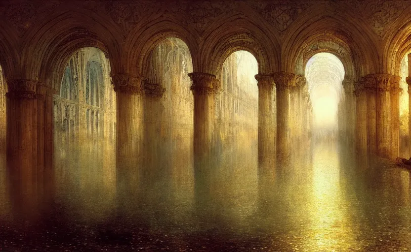 Image similar to tiled room squared waterway, aqueducts, fantasy. intricate. by artstation trending, by joseph mallord william turner, luis royo, konstantin razumov, cinematic lighting, fractal flame, highly detailed