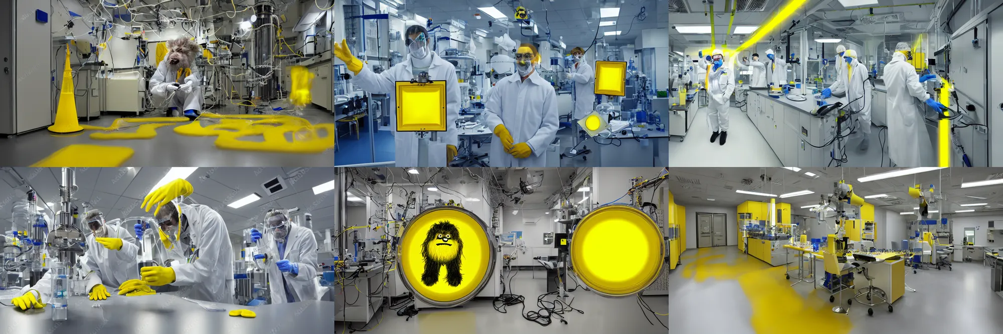 Prompt: hairy monster in laboratory clean room, photolithography, yellow artificial lighting, steel uhv chamber, photorealistic