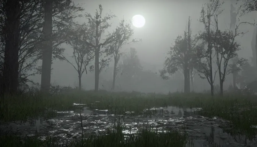 Prompt: dark, misty, foggy, dank, green, muddy, bog, marsh, flooded chicago city street swamp in destiny 2, liminal creepy, dark, dystopian, abandoned, highly detailed 4 k in - game destiny 2 screenshot gameplay showcase