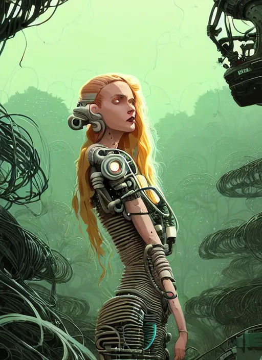 Image similar to highly detailed portrait of a biopunk cyborg long wavy blonde hair tribal lady, stray wiring by atey ghailan, james gilleard, by joe fenton, by greg rutkowski, by greg tocchini, by kaethe butcher, 4 k resolution, gradient green, black and white color scheme!!! ( ( forested robotic dense jungle background ) )