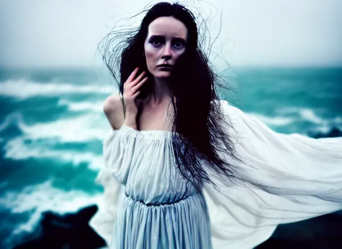 Prompt: cinestill 5 0 d half - length portrait photo portrait of a woman britt marling 3 / 4 style of nicholas fols, 1 5 0 mm, dress in voile, hair like dark clouds, hair in wind, head in focus, mute dramatic colours, soft blur outdoor stormy sea background, volumetric lighting, hyper detailed, hyper realistic