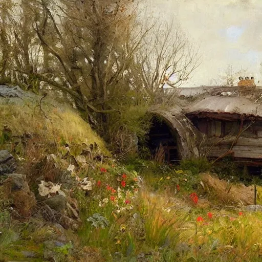 Image similar to Richard Schmid and Jeremy Lipking full length portrait painting of a cozy hobbit house in the shire