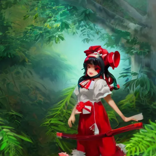 Prompt: a imaginefx artstation of reimu in the jungle wearing bonnet