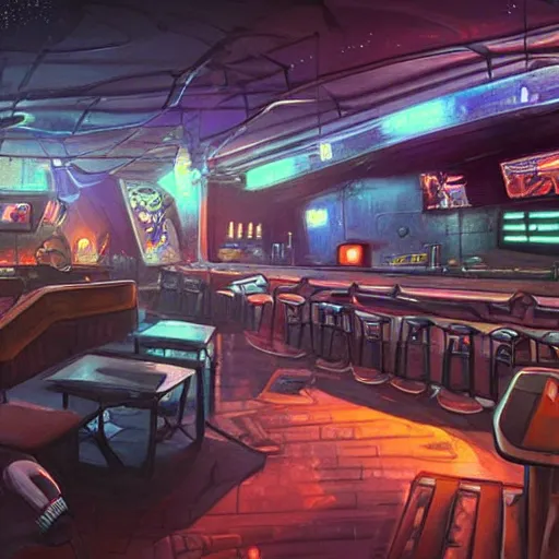 Image similar to interior of a busy dive bar on an alien planet, cinematic, epic sci-fi art