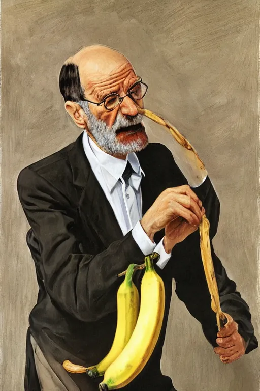 Prompt: portrait of sigmund freud eating one banana, twirling a hula hoop, by frank mccarthy, by lucian freud