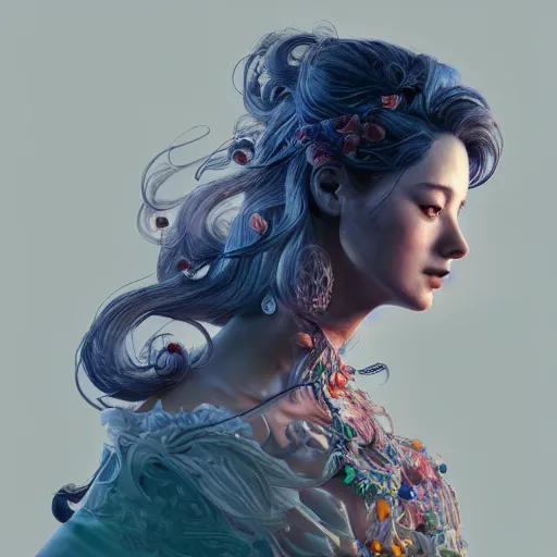 Image similar to the portrait of a blueberry that resembles an absurdly beautiful, graceful, elegant, sophisticated, lovely young woman, an ultrafine hyperdetailed illustration by kim jung gi, irakli nadar, intricate linework, bright colors, octopath traveler, final fantasy, unreal engine 5 highly rendered, global illumination, radiant light, detailed and intricate environment