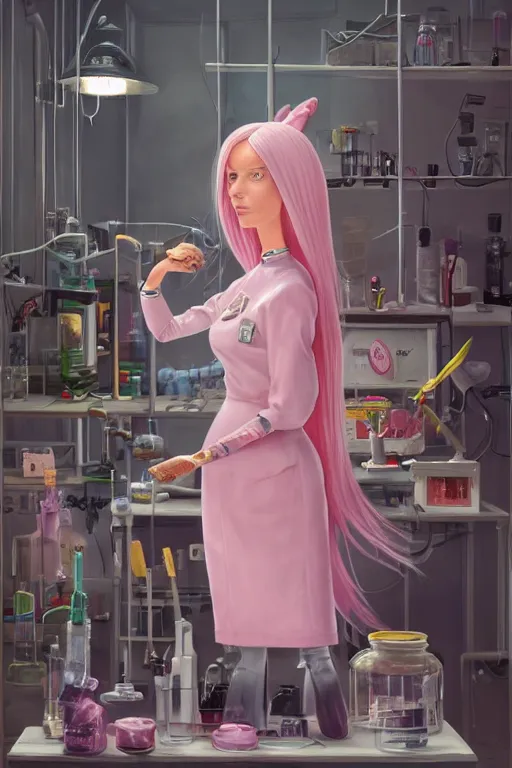 Image similar to highly detailed, industrial photography, profile view of adult princess bubblegum from adventure time, working in her science lab, wearing lab coat, long bubblegum hair, long straight bangs, confident, beautiful, attractive, illustration concept art by nicoletta ceccoli, mark ryden, lostfish, detailed and intricate environment, 8 k resolution, hyperrealistic, octane render