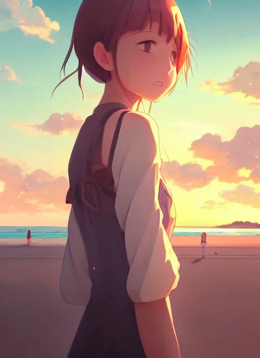 Image similar to portrait of cute girl, sunset sky in background, beach landscape, illustration concept art anime key visual trending pixiv fanbox by wlop and greg rutkowski and makoto shinkai and studio ghibli and kyoto animation, futuristic wheelchair, symmetrical facial features, should eyes, future clothing, backlit, yandere