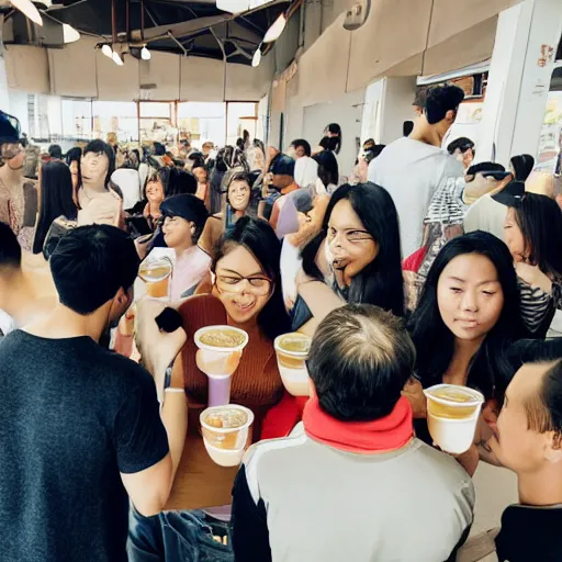 Image similar to photo of a crowd of people drinking boba milk tea while staring at the camera with soulless eyes and drool coming out of their mouths