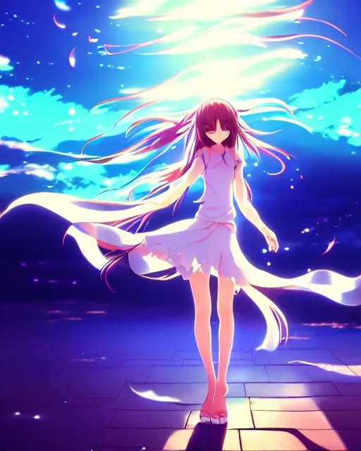 Image similar to anime style, vivid, expressive, full body, 4 k, a cute girl with white skin and long wavy hair humming a song, stunning, realistic light and shadow effects, centered, simple background, studio ghibly makoto shinkai yuji yamaguchi