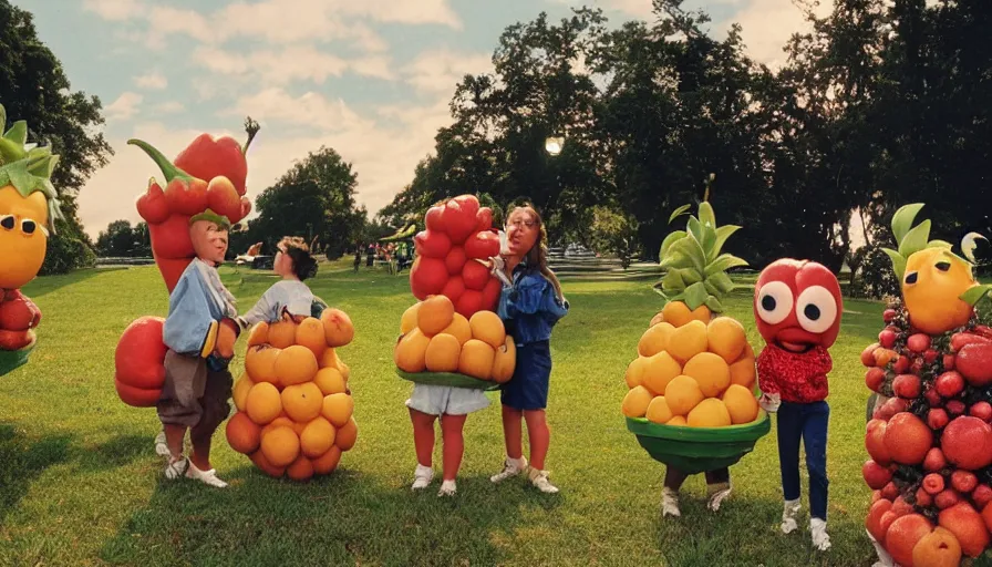 Prompt: 1990s candid photo of a beautiful day at the park, cinematic lighting, cinematic look, golden hour, large personified costumed fruit people in the background, Enormous fruit people mascots with friendly faces, kids talking to fruit people, UHD