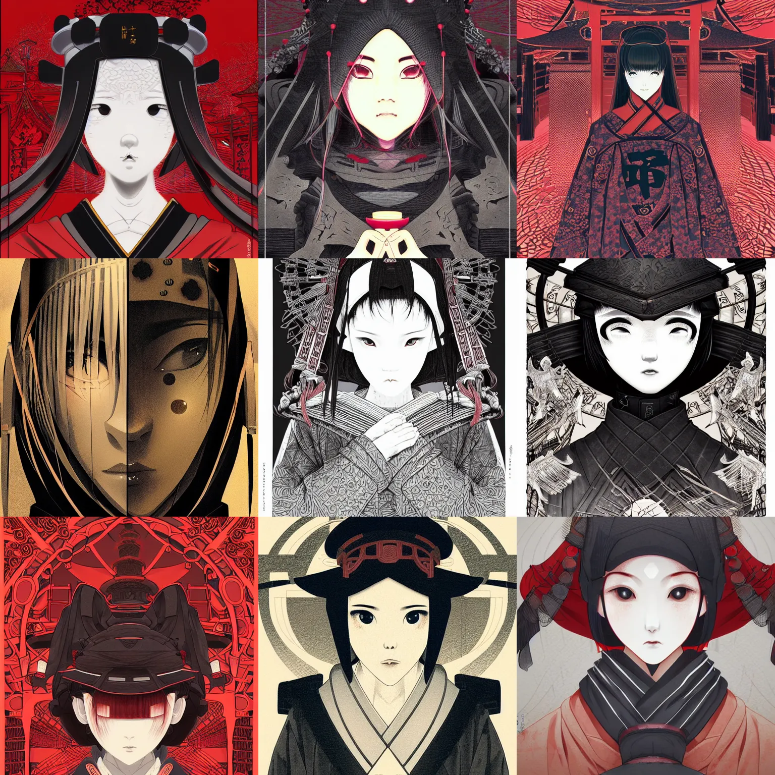 Prompt: techwear occultist, torii, shrine, inari shrine, miko, geisha, beautiful, detailed symmetrical close up portrait, intricate complexity, in the style of kyoto animation key visuals and takato yamamoto, artgerm, cel shaded