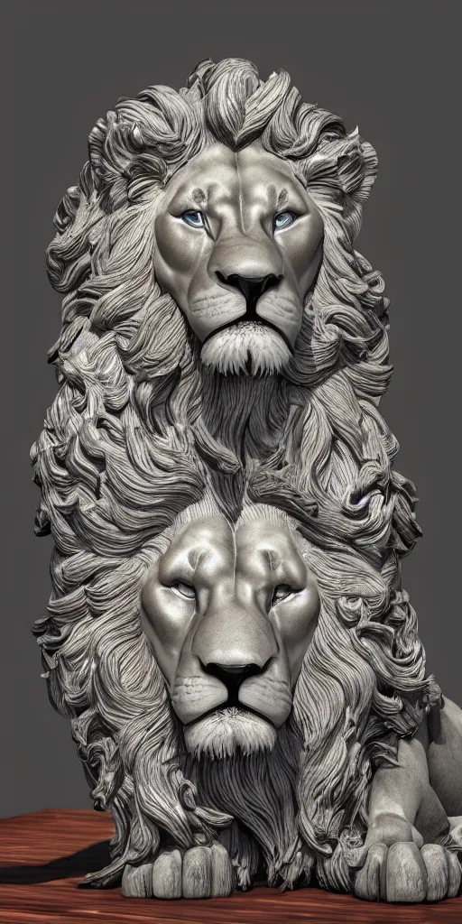 Image similar to a lion statue sitting on top of a wooden table, a 3 d render by jeremy henderson, behance contest winner, psychedelic art, behance hd, rendered in cinema 4 d, psychedelic