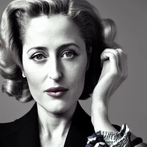 Image similar to photo of a gorgeous 40-year-old Gillian Anderson with 1940s hairstyle by Mario Testino, detailed, head shot, award winning, Sony a7R -