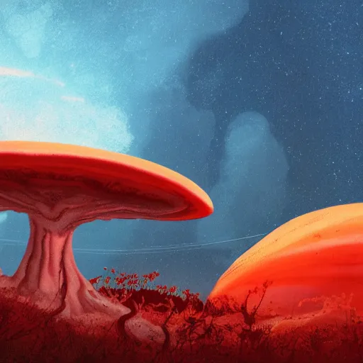 Image similar to concept art of an alien fungal landscape with red sky and dramatic lighting, ringed planet in sky