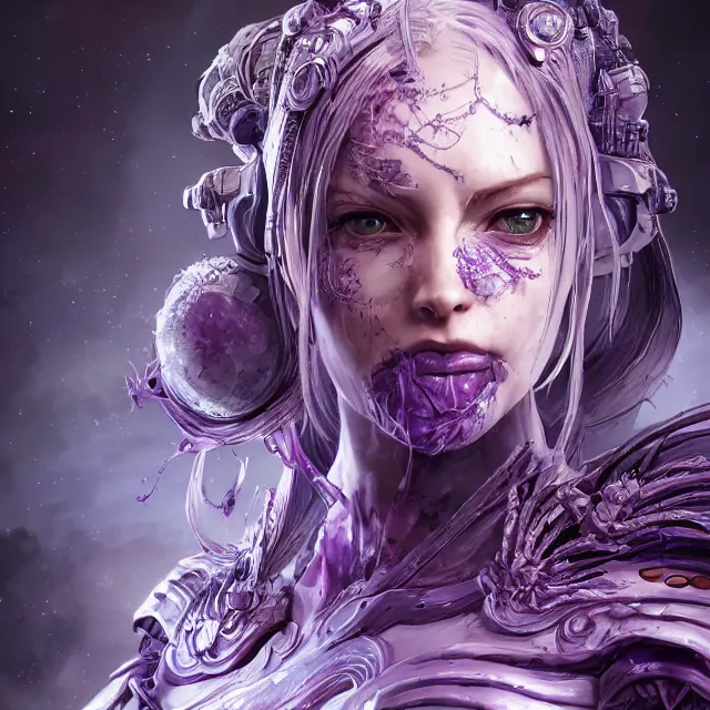 Image similar to close facial portrait of a pale woman in sci - fi armor with a flowing purple, elegant, stoic, intense, ultrafine hyperdetailed illustration by kim jung gi, irakli nadar, intricate linework, sharp focus, bright colors, octopath traveler, final fantasy, hearthstone, highly rendered, global illumination, radiant light, detailed, intricate environment