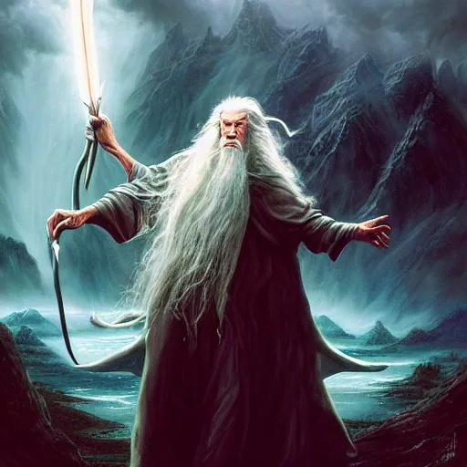 Prompt: morgan freeman starring as gandalf in lord of the rings, highly detailed matte fantasy painting, stormy lighting, by ross tran, by artgerm, by lisa frank, by brom, by peter mohrbacher