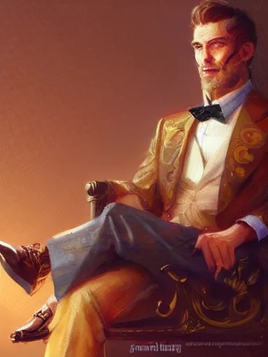 Image similar to a rich man smirking. relaxed in his chair with crossed arms. intricate, elegant, highly detailed, digital painting, artstation, concept art, sharp focus, illustration, by justin gerard and artgerm, 8 k