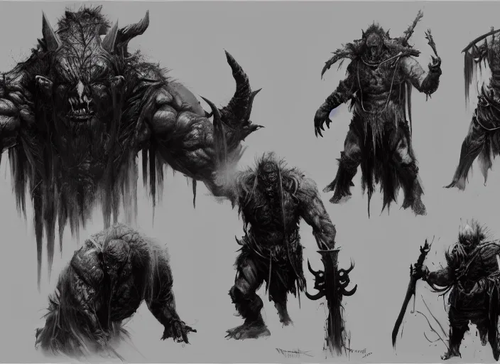 Prompt: feral orc chieftain charector concept sheet, beksinski, ruan jia, the hobbit orc concept, dark soul concept