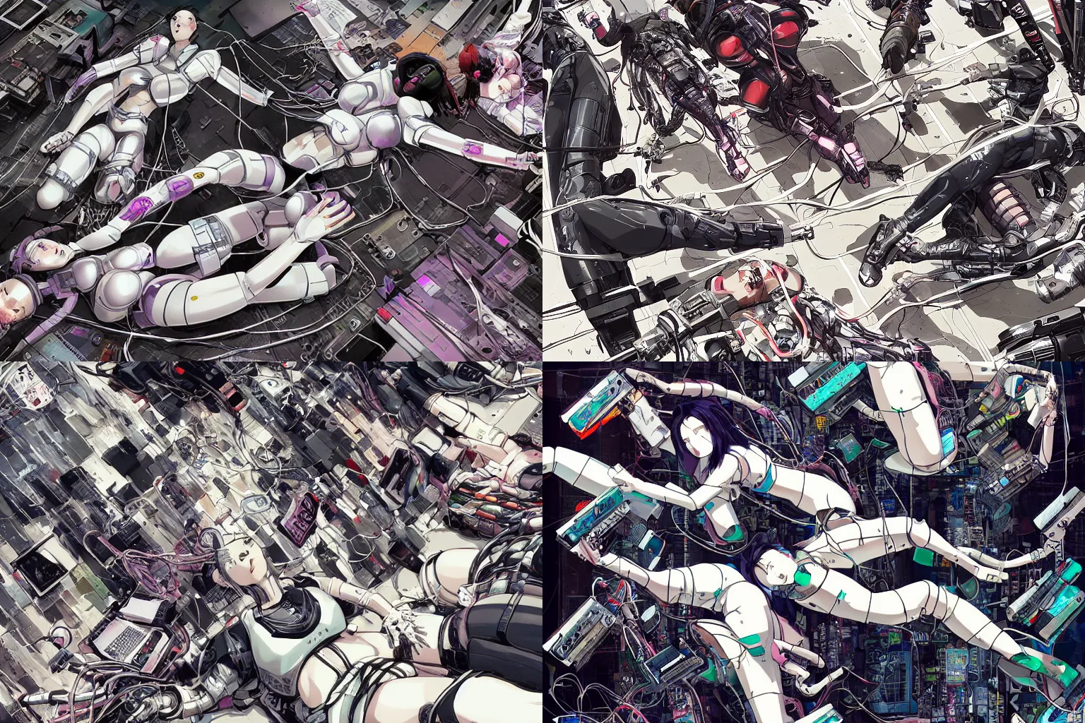 Image similar to a cyberpunk illustration of a group of female androids in style of masamune shirow, lying on an abstract, empty, white floor with their body parts scattered around in various poses and cables and wires coming out, by yukito kishiro and katsuhiro otomo, hyper-detailed, intricate, view from above