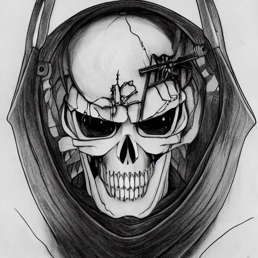 Image similar to A anime still of a grim reaper by Takeshi Obata, skeleton face symmetrical face,symmetrical body, worn clothes, military boots, pencil art on paper