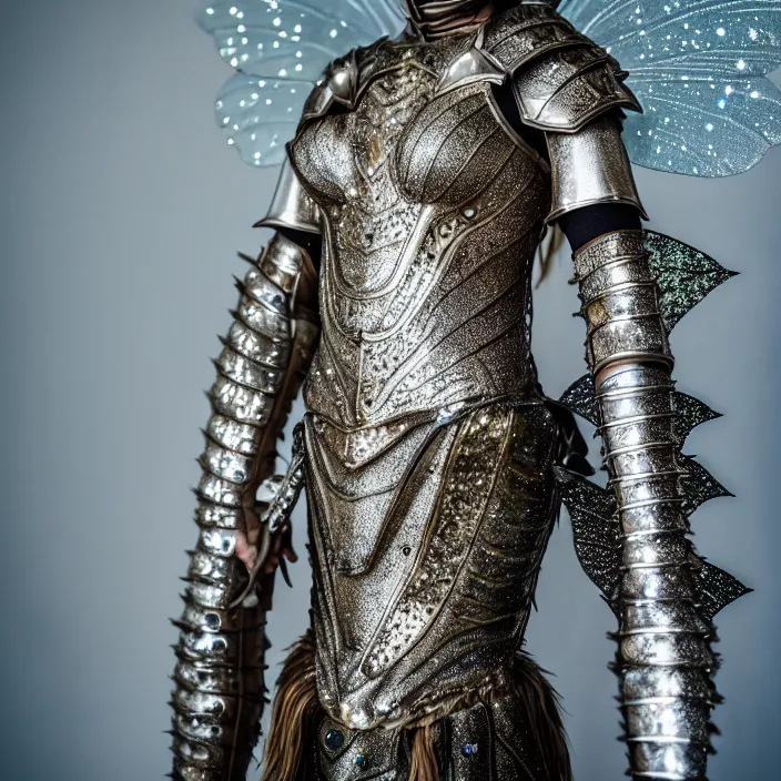 Image similar to full body photo of a fairy warrior wearing sparkly armour, highly detailed, 4 k, hdr, smooth, sharp focus, high resolution, award - winning photo