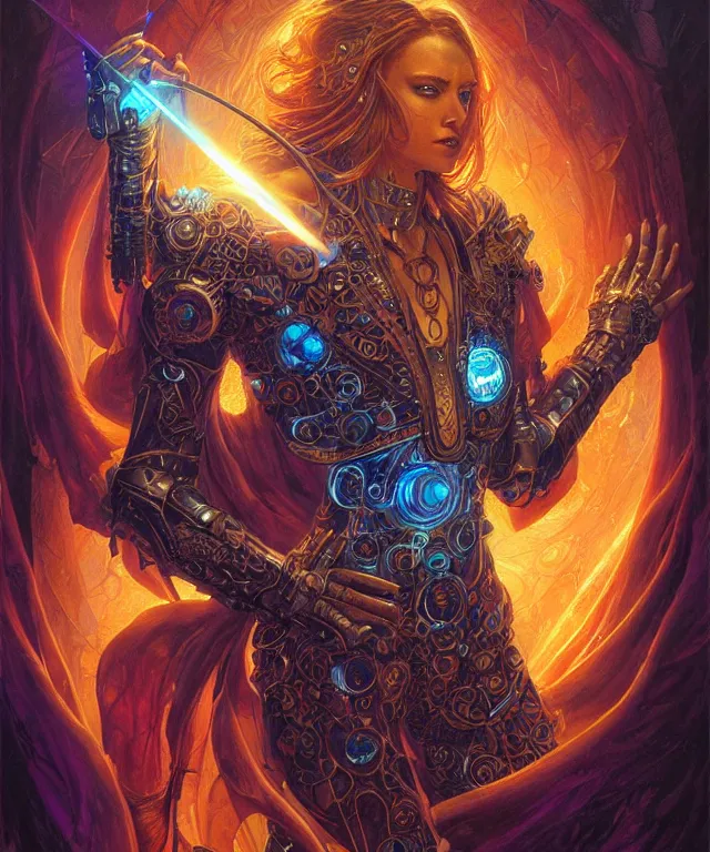 Image similar to a beautiful tarot card artwork of a cyberpunk crystal paladin, backlit, dazzling, highly detailed, digital painting, by karol bak and justin gerard and dan mumford and artgerm, vivid colors, masterpiece, detailed shading, 8 k resolution, intricate, smooth