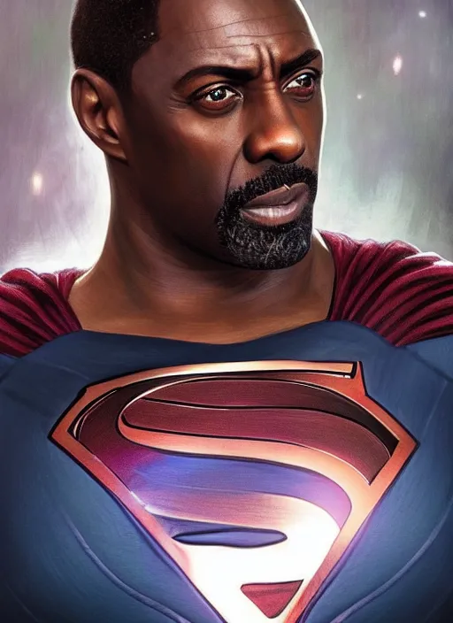 Image similar to Idris Elba as Superman (2019), zac snyder, fantasy, intricate, elegant, highly detailed, digital painting, artstation, concept art, smooth, sharp focus, illustration, art by artgerm and greg rutkowski and alphonse mucha