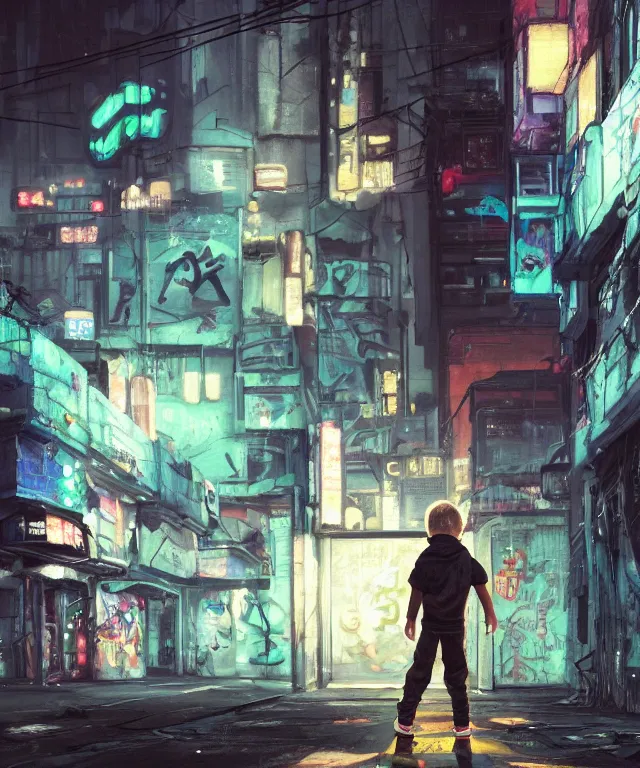 Image similar to a highly detailed contemporary painting of a tiny boy in a Jumpsuit standing in a dark alley, abandoned buildings with graffiti, a nightclub with neon sign, menacing skyline by Studio Ghibli, Makoto Shinkai, by Artgerm, by WLOP, by Greg Rutkowski, volumetric lighting, cyberpunk, octane render, 4K resolution, trending on artstation, masterpiece