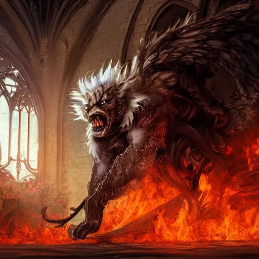 Prompt: A epic and beautiful rococo painting of a angelic werewolf inside a burning cathedral. Castlevania style. ultra-detailed. Anime, pixiv, UHD 8K CryEngine, octane render