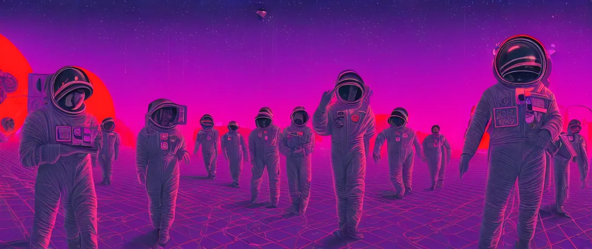 Prompt: hyper detailed neo-surreal neon purple and red communist propaganda poster of space workers from the 2070s sharp cinematic lighting 8k wide angle shallow depth of field
