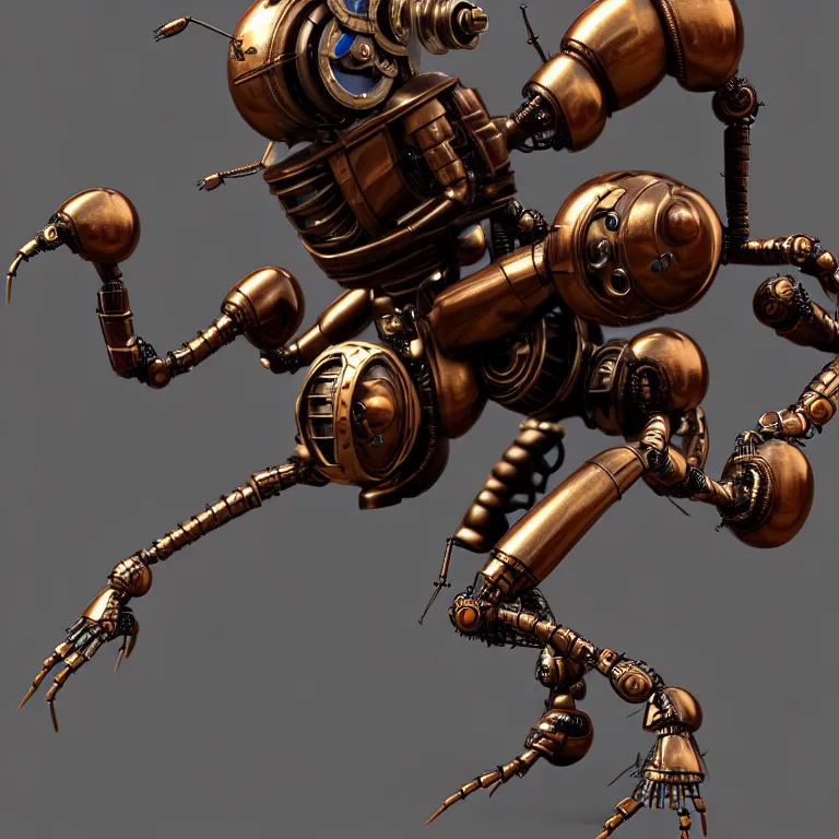 Image similar to steampunk robot ant, 3 d model, unreal engine realistic render, 8 k, micro detail, intricate, elegant, highly detailed, centered, digital painting, artstation, smooth, sharp focus, illustration, boris vallejo