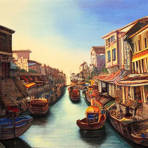 Image similar to city with with streets and aqueducts. various boats. by yeong - hao han