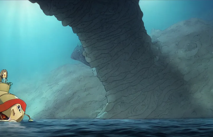 Image similar to a realistic cell - shaded cartoon from howl's moving castle ( 2 0 0 4 ) showing an eel submarine swimming in front of a white pristine pyramid underwater at the bottom of the sea. shafts of sunlight come from above. wide shot, very dull muted colors, hd, 4 k, hq