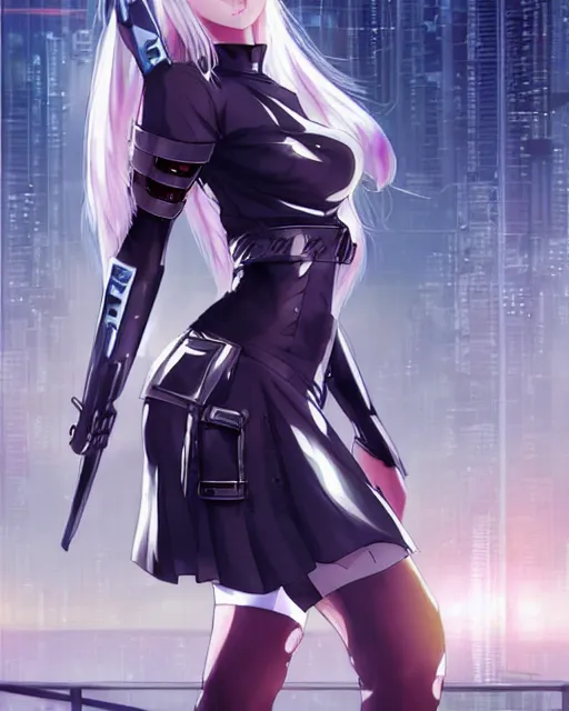 Image similar to The successful warrior is the average man, with laser-like focus, artwork by artgerm, anime, cyberpunk streets in Japan, elegant, seductive, long white hair, knee high socks, extra short blue plaid skirt, white blouse, army boots, full shot, wide-shot, long-shot, fantasy, mystical, magical