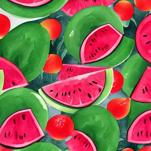 Image similar to hd retro illustration of watermelons and lemons, inspired by watercolor painting masterpieces