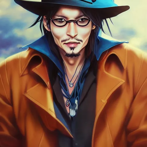 Image similar to anime portrait of johnny depp as an anime boy by Stanley Artgerm Lau, WLOP, Rossdraws, James Jean, Andrei Riabovitchev, Marc Simonetti, and Sakimichan, trending on artstation