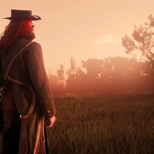 Prompt: a portrait of red!! long!! haired!! angry!! man!! as a red dead redemption 2 character shot from red dead redemption 2, ray tracing x, wet reflections, unreal engine 5, intricate details, fantasy, hyper realism, humongous view, smooth, cinematic