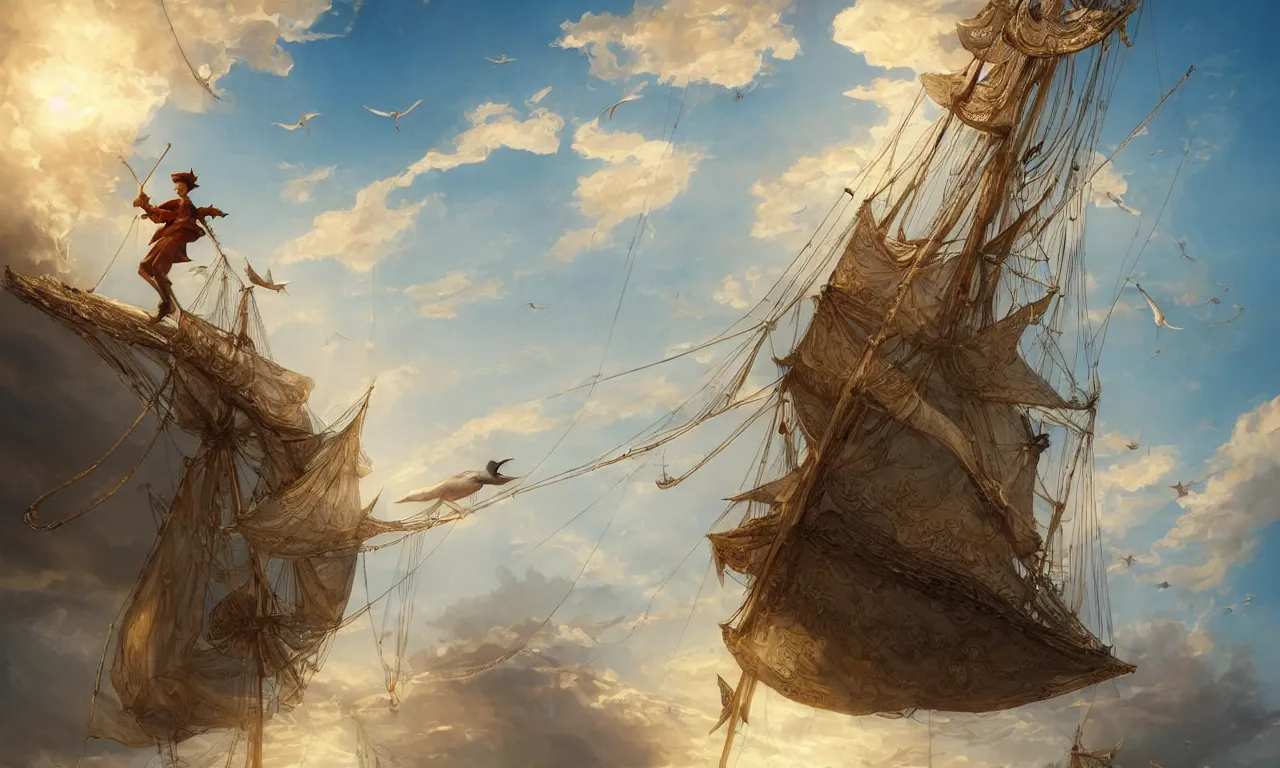 Prompt: a beautiful digital painting of peter pan, a white caravel flying in the clouds, birds in the sunlight, numerous golden ropes and intricated sails, blue sky at sunset, elegant, highly detailed, artstation, concept art, matte, sharp focus, art by tom bagshaw, kelogsloops and greg rutkowski