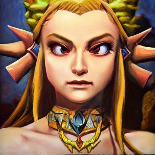 Prompt: an ultra - realistic portrait painting of zelda from the legend of zelda in the style of frank frazetta. 4 k. ultra - realistic. highly detailed. dark fantasy. epic lighting.