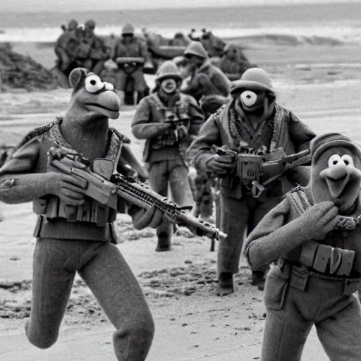 Prompt: a frame from the hollywood blockbuster film the muppets invade normandy action scene omaha beach