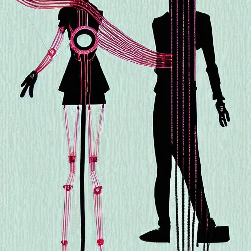 Prompt: ayatori cyberpunk, string figure, robot, lovers, illustration for dior by stina persson and yoshitaka amano