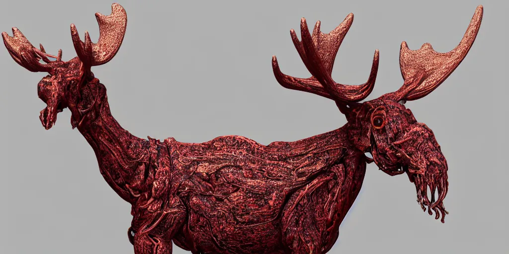 Image similar to stylized shiny polished silver statue full body bizarre extra limbs cosmic horror quadruped animal moose deer skull four legs made of marble of slug worm creature tendrils perfect symmetrical body perfect symmetrical face hyper realistic hyper detailed by johannen voss by michelangelo octane render blender 8 k displayed in pure white studio room anatomical deep red arteries veins flesh hell