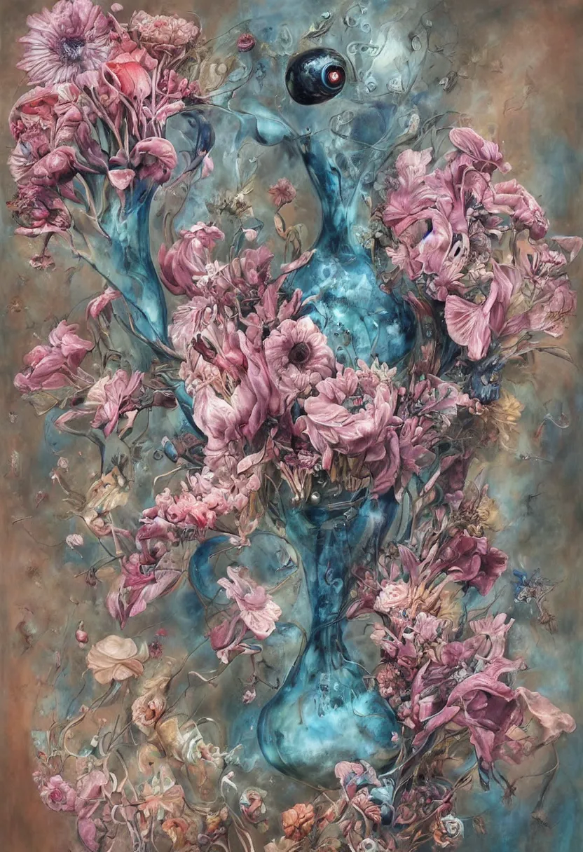 Prompt: a biomorphic painting of a vase with flowers and eyeballs in it, a surrealist painting by marco mazzoni, by dorothea tanning, pastel blues and pinks, featured on artstation, metaphysical painting, oil on canvas, fluid acrylic pour art, airbrush art, bees, seapunk, rococo, lovecraftian