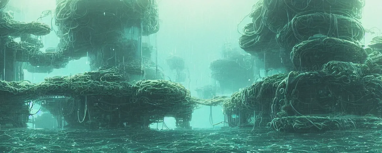 Image similar to ” underwater otherwordly landscape, [ cables, pods, deepsea, cinematic, detailed, epic, widescreen, opening, establishing, mattepainting, photorealistic, realistic textures, octane render, art by slop and paul lehr ] ”