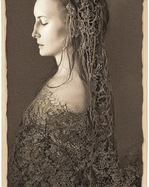 Image similar to a woman's face in profile, long flowing hair entwined in intricate decorative lace leaf skeleton, in the style of the dutch masters and gregory crewdson, dark and moody