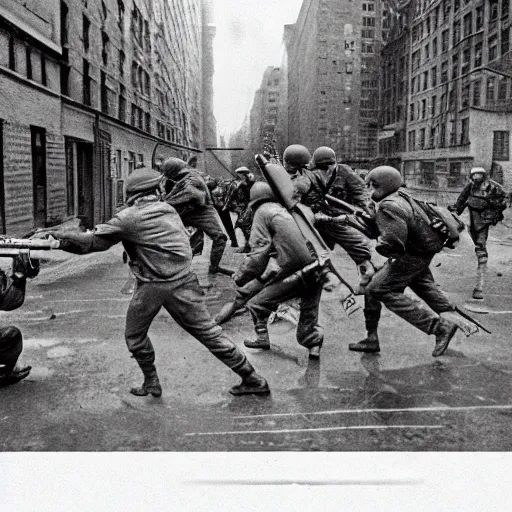 Prompt: Epic shootout between Soviet and American troops on the streets of New York, powerful explosions, Super colorful style, super detail of each object,