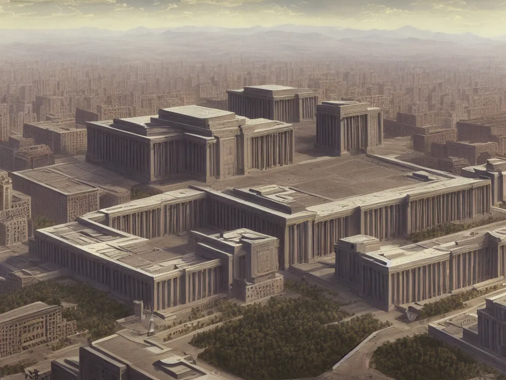 Prompt: matte painting by fan wennan. future capitol of the american communist party shining in the sun after the triumph of socialism in america, hyperdetailed, cinematic, photorealistic, hyperrealism, masterpiece, humble rectangular communist governmental architecture, statue, imposing, strength, abundance. aerial view. america 2 0 9 8