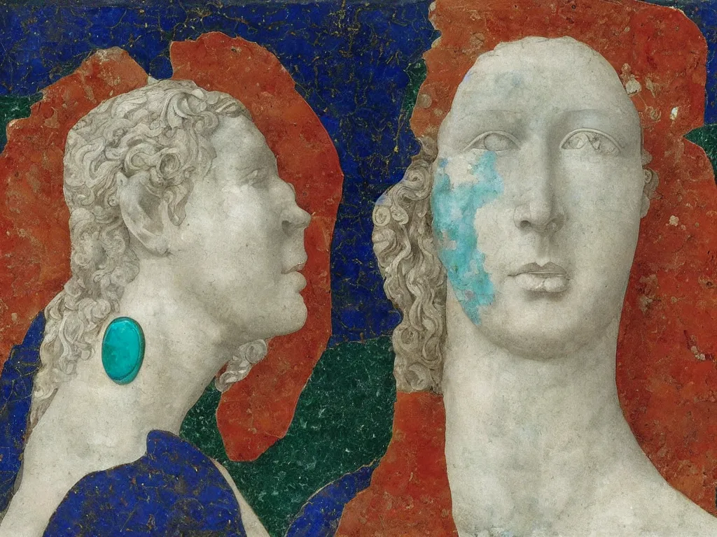 Prompt: marble greek sculpture head of the god of nightmares with inlaid crystal eye. lapis - lazuli, turquoise, malachite, cinnabar, earth brown. painting by piero della francesca, balthus, agnes pelton