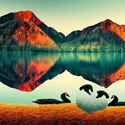 Image similar to photo of two black swans swimming in a beautiful reflective mountain lake, touching heads, forming a heart with their necks, a colorful hot air balloon is flying above the swans, hot air balloon, intricate, 8k highly professionally detailed, HDR, CGsociety